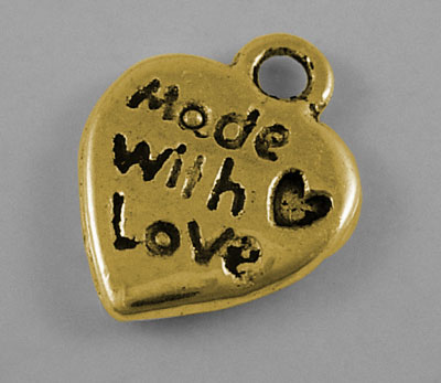 Prívesok srdiečko Made with love (vyrobené s láskou) 12x10mm antická zlatá 1ks