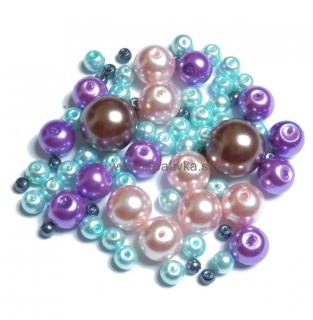 Voskované perly 50g sklenené 4-16mm fialovo-ružové