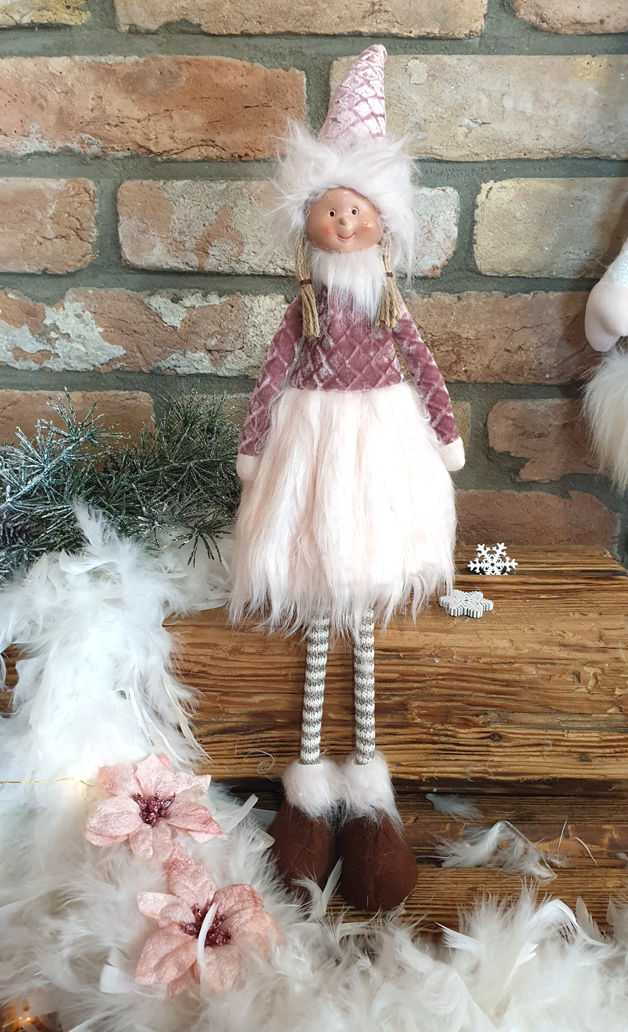 Zimná ružová bábika s kožušinkou stojaca biela 52cm, 1ks