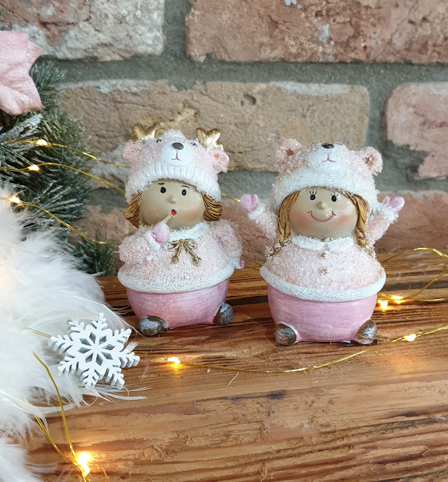 Dievčatká keramické ružové s medvedíkovou čapicou 1 pár 