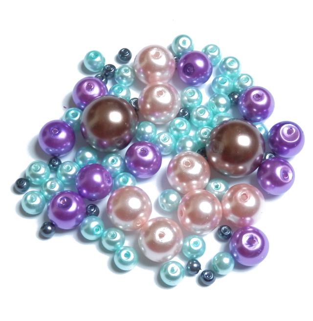 Voskované perly 50g sklenené 4-16mm fialovo-ružové