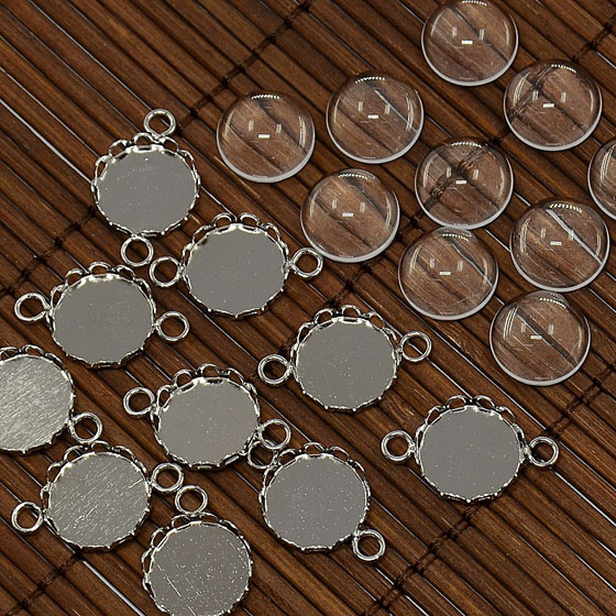 Sklenený kabošon+lôžko 12mm platina set 5ks