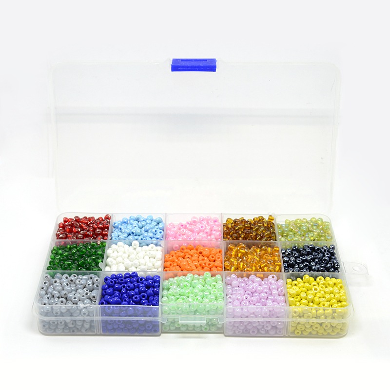 Rokajl sklenený MIX farieb 4mm, cca 400g (5850ks) + plastový box 15 farieb
