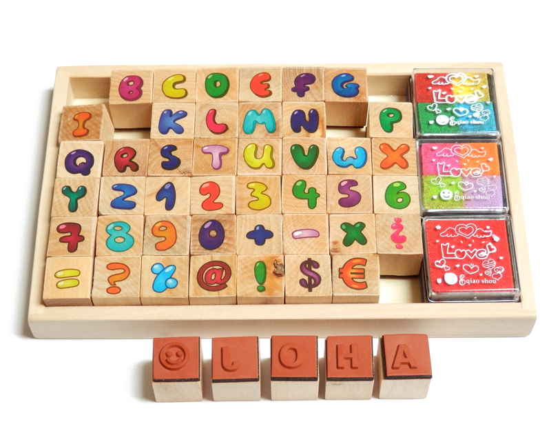 SET drevené pečiatky abeceda, čísla, znaky a farebné podušky
