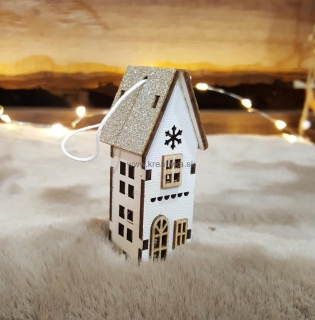 Drevený domček biely + glitrová strecha na zavesenie 7,5cm, 1ks