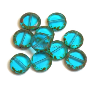 Sklenené ČR ploškované korálky placky 10x4mm, aqua a travertínom 1ks