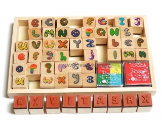 SET drevené pečiatky abeceda-malé a veľké písmená a farebné podušky