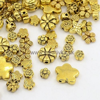 MIX kovových korálikov 5-30,5x5-22x3-3,5mm, 40ks antická zlatá kvety