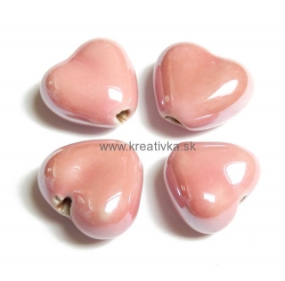 Ručne robené keramické korálky s perleťou srdce 12x14x8mm 1ks ružová
