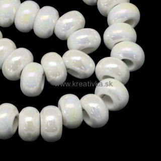 Ručne robené keramické korálky s perleťou, 12-13x6-7mm 1ks, biela
