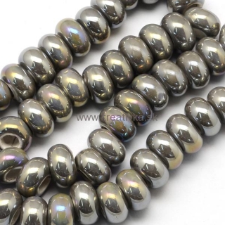 Ručne robené keramické korálky s perleťou, 12-13x6-7mm 1ks, sivá