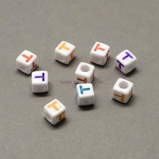 Plastové korálky, balík 20ks, 7x7x7mm, farebný mix písmenko ,,T´´