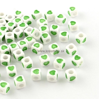 Plastové korálky srdiečka kocky 10ks, 7x7x7mm zelené